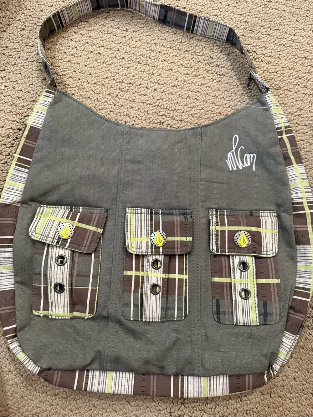 Y2K Volcom Green Plaid Pocket Hobo Bag with Accent Trim